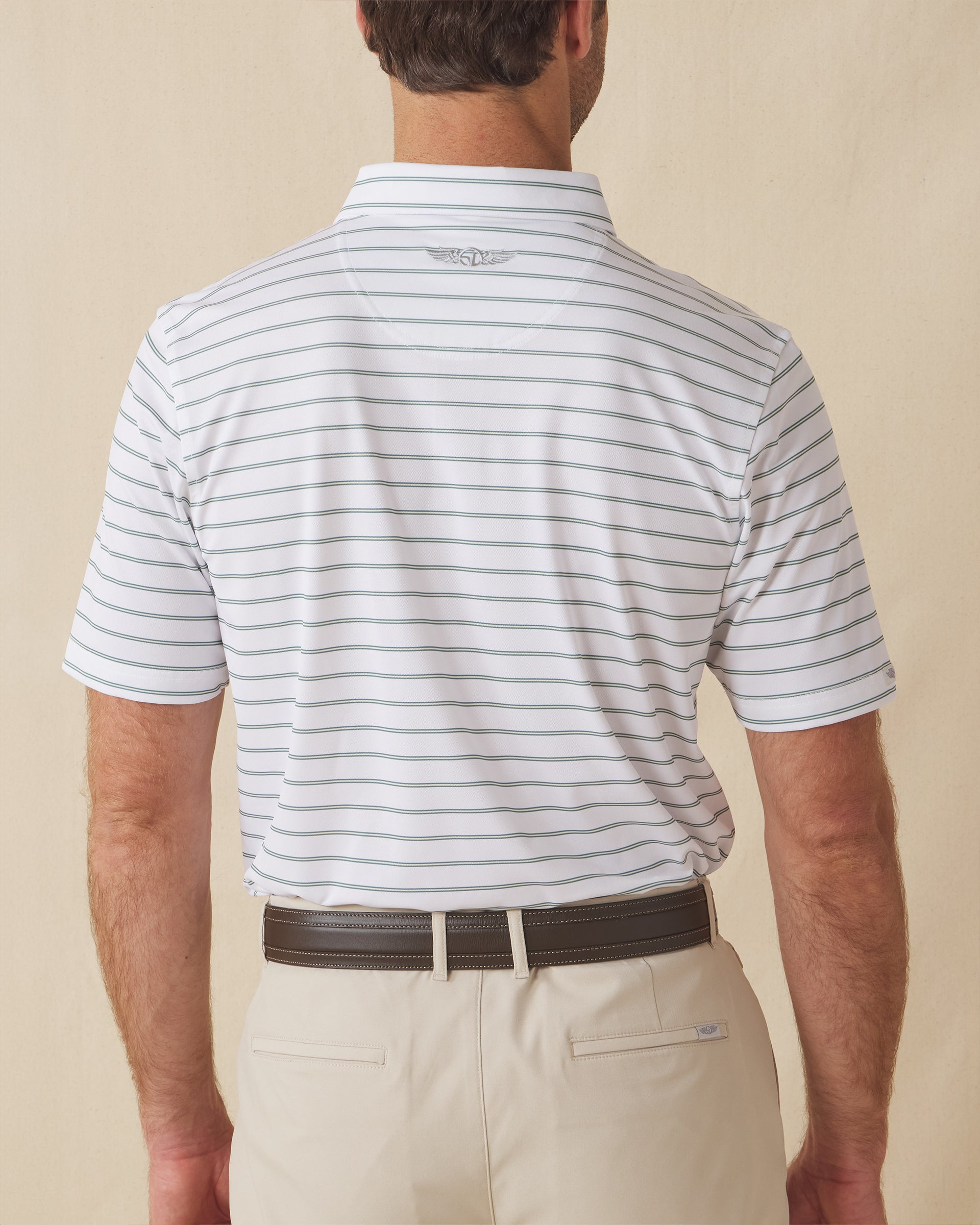 Men's Quintero Stripe Polo in Sage, back model view featuring a white short sleeve polo with horizontal green and sage pencil stripes with the Straight Down logo at the back collar