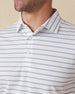 Men's Quintero Stripe Polo in Sage, close-up model view featuring the collar and button placket detail of a white short sleeve polo with horizontal green and sage pencil stripes