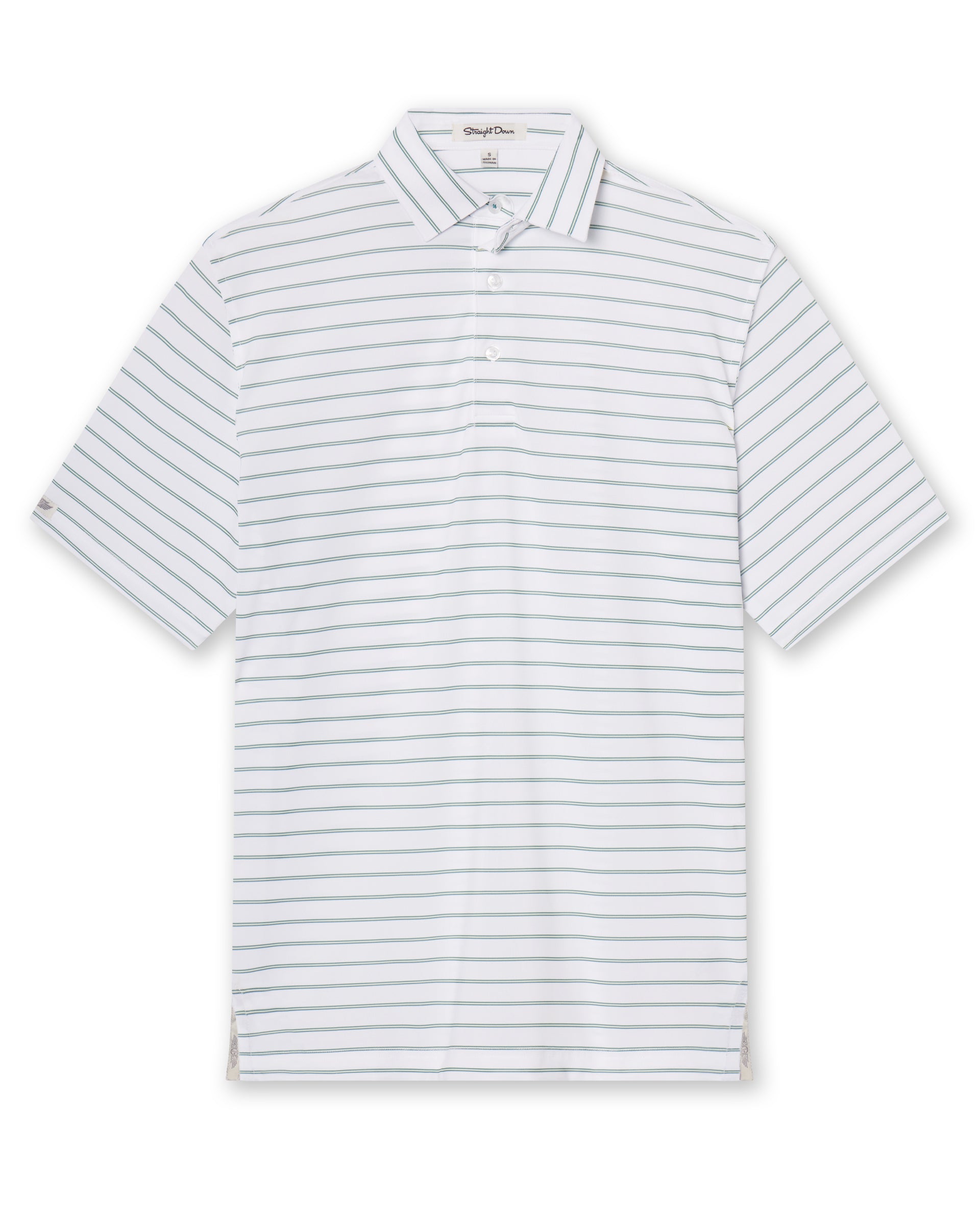 Men's Quintero Stripe Polo in Sage, flat lay front view featuring a white short sleeve polo with horizontal green and sage pencil stripes