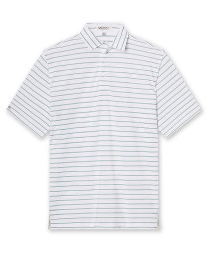Men's Quintero Stripe Polo in Sage, flat lay front view featuring a white short sleeve polo with horizontal green and sage pencil stripes