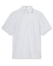 Men's Quintero Stripe Polo in Sage, flat lay front view featuring a white short sleeve polo with horizontal green and sage pencil stripes