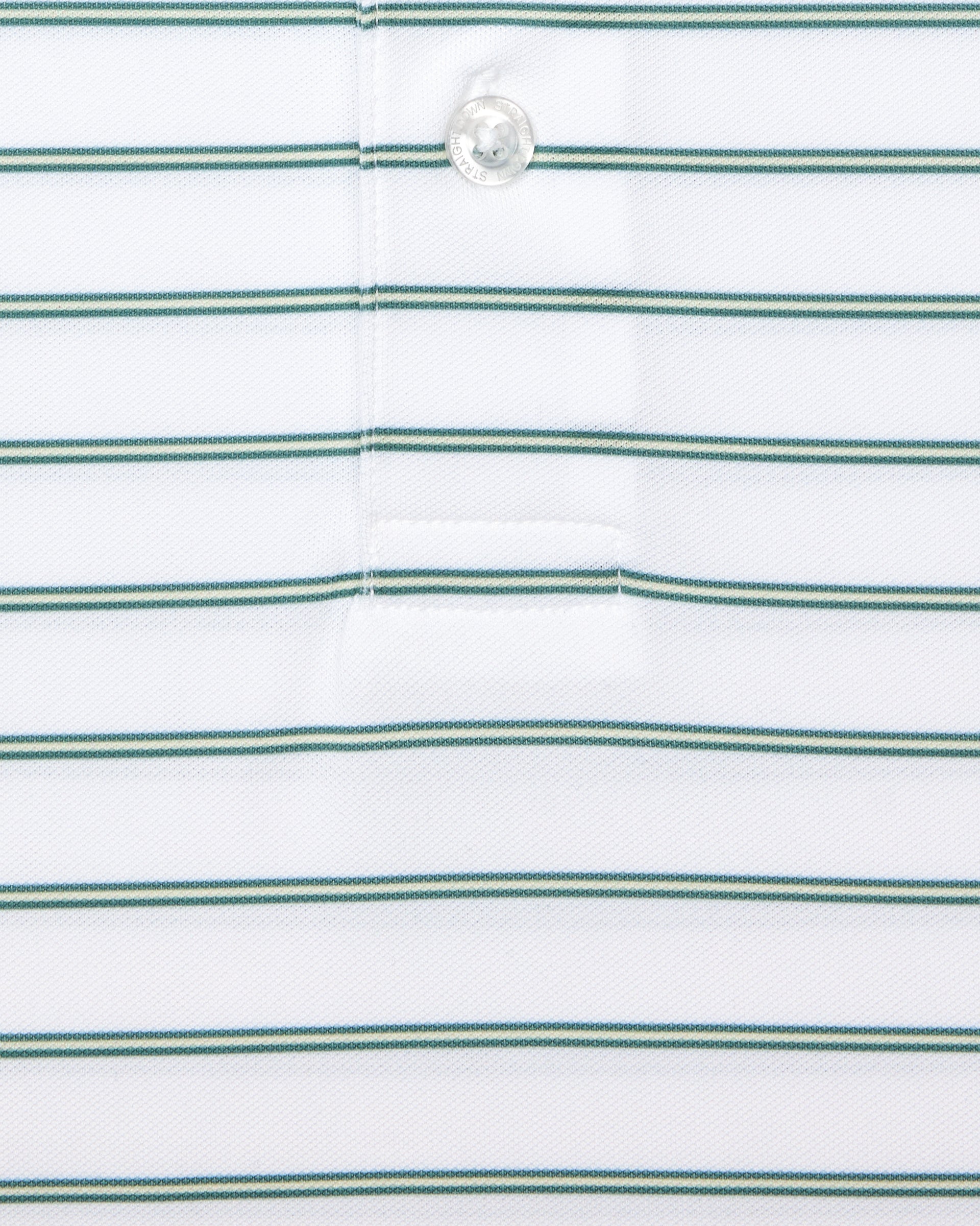 Men's Quintero Stripe Polo in Sage, close-up flat lay view featuring a white fabric with horizontal green and sage pencil stripes with a visible button placket detail