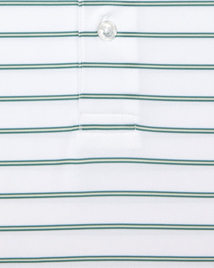 Men's Quintero Stripe Polo in Sage, close-up flat lay view featuring a white fabric with horizontal green and sage pencil stripes with a visible button placket detail