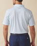 Men's Quintero Stripe Polo in Sea Spray, back model view featuring a light blue short sleeve polo with horizontal pink and steel blue pencil stripes with the Straight Down logo at the back collar