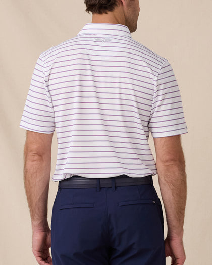Back view of the Quintero Stripe Polo in Tidal featuring an allover blue and pink stripe pattern and embroidered Straight Down logo below the collar
