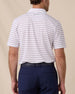 Back view of the Quintero Stripe Polo in Tidal featuring an allover blue and pink stripe pattern and embroidered Straight Down logo below the collar