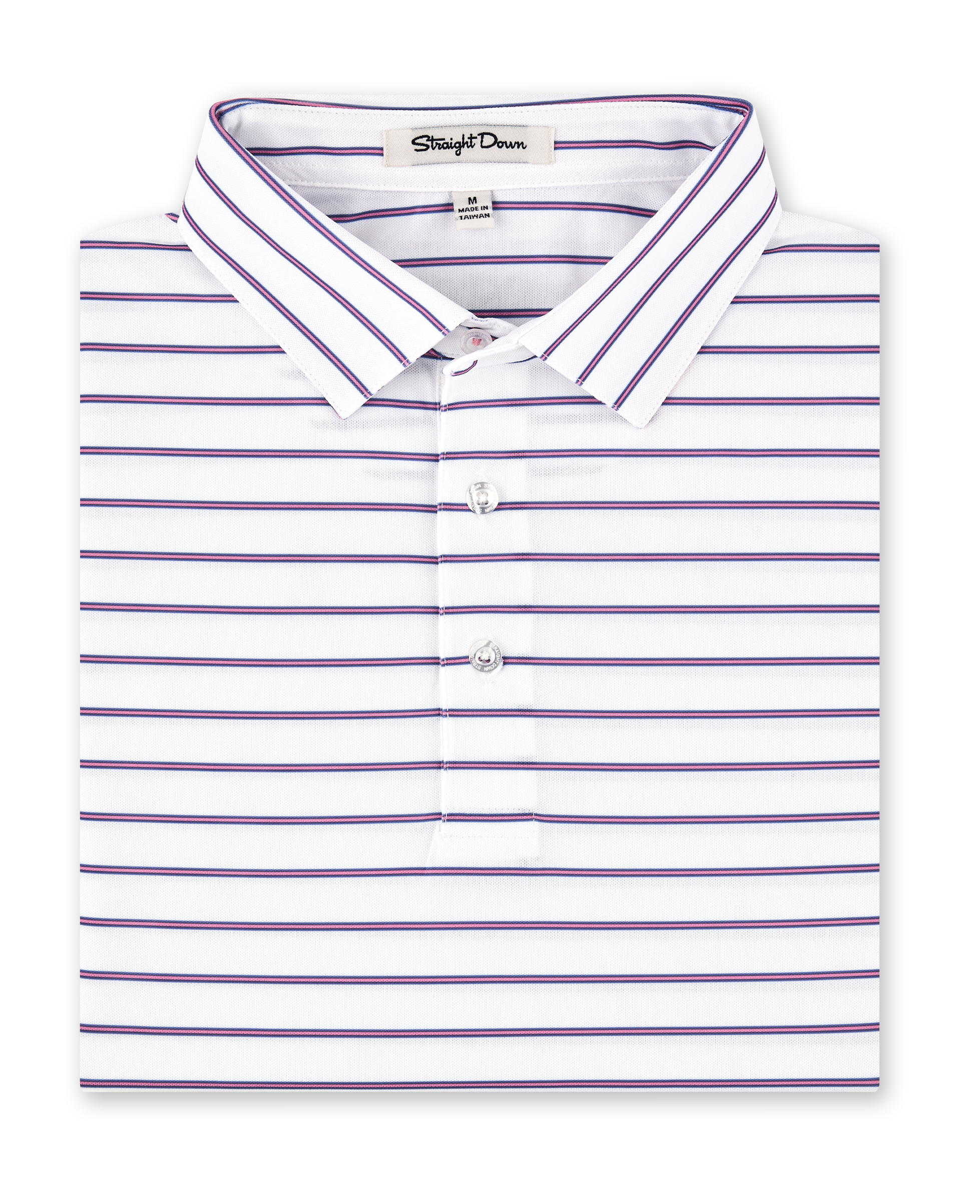 Quintero Stripe Polo in Tidal folded to showcase the white performance fabric, blue and pink horizontal stripe pattern, and three-button placket