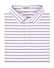 Quintero Stripe Polo in Tidal folded to showcase the white performance fabric, blue and pink horizontal stripe pattern, and three-button placket