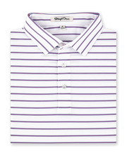 Quintero Stripe Polo in Tidal folded to showcase the white performance fabric, blue and pink horizontal stripe pattern, and three-button placket