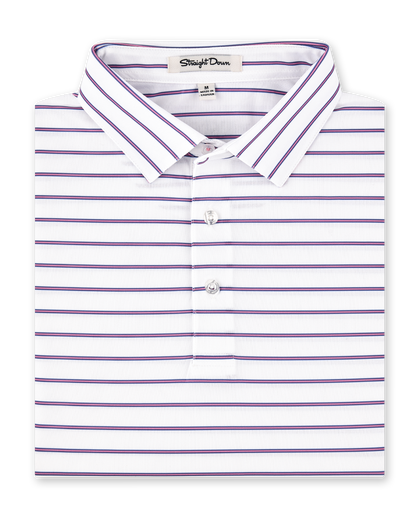 Quintero Stripe Polo in Tidal folded to showcase the white performance fabric, blue and pink horizontal stripe pattern, and three-button placket