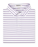 Quintero Stripe Polo in Tidal folded to showcase the white performance fabric, blue and pink horizontal stripe pattern, and three-button placket