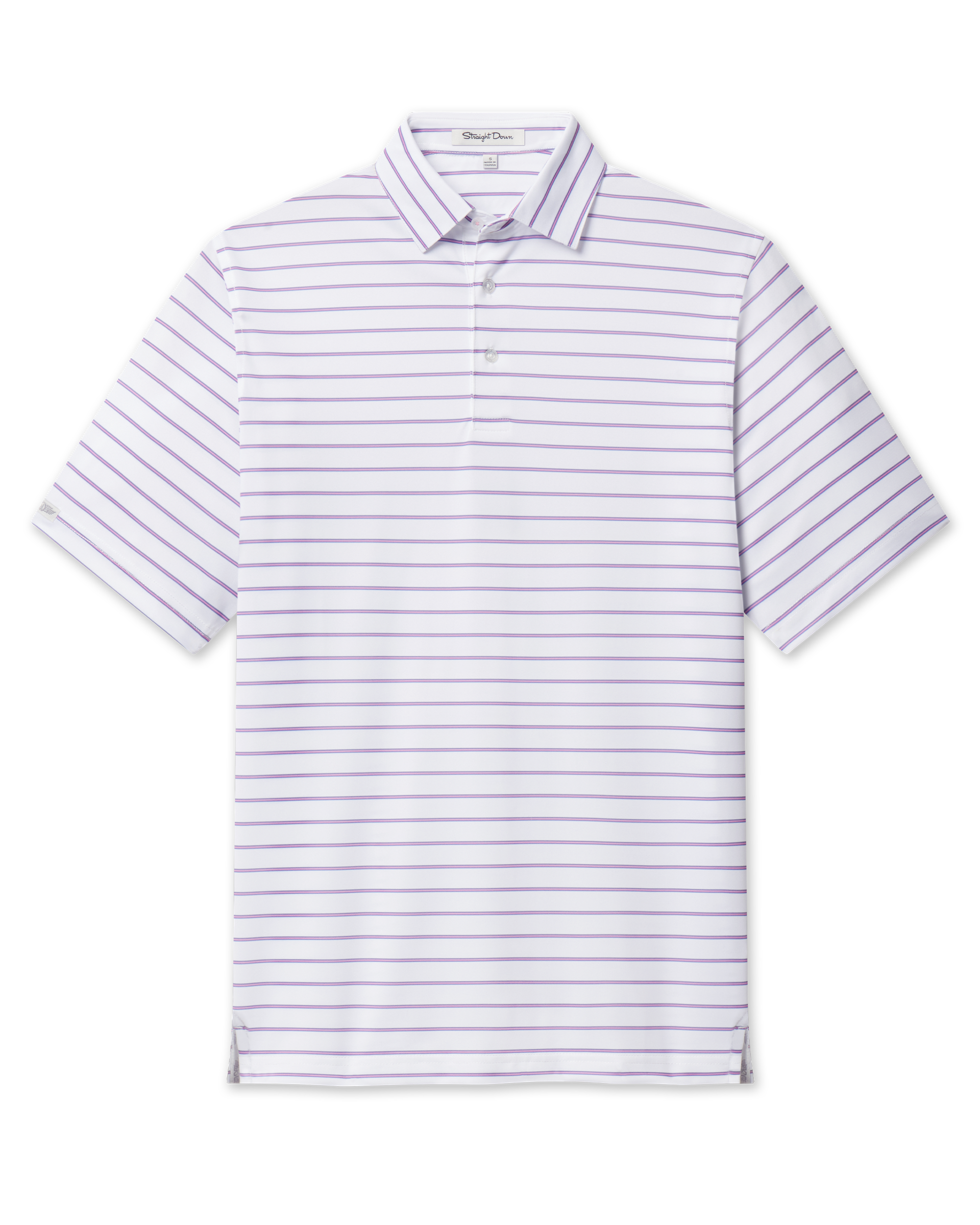 Quintero Stripe Polo in Tidal featuring a white performance fabric with blue and pink horizontal stripes, front flat lay