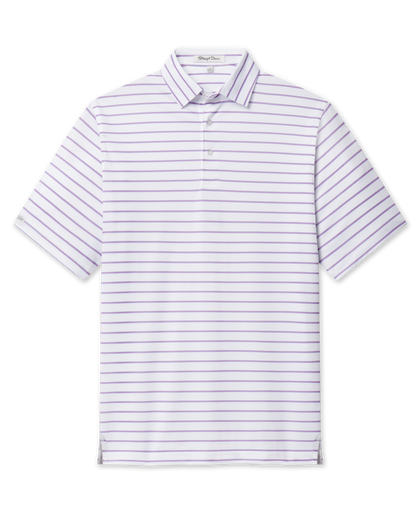 Quintero Stripe Polo in Tidal featuring a white performance fabric with blue and pink horizontal stripes, front flat lay