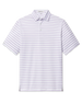 Quintero Stripe Polo in Tidal featuring a white performance fabric with blue and pink horizontal stripes, front flat lay