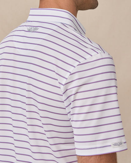Sleeve and shoulder detail of the Quintero Stripe Polo in Tidal showing the blue and pink stripe pattern and signature Straight Down logo embroidery