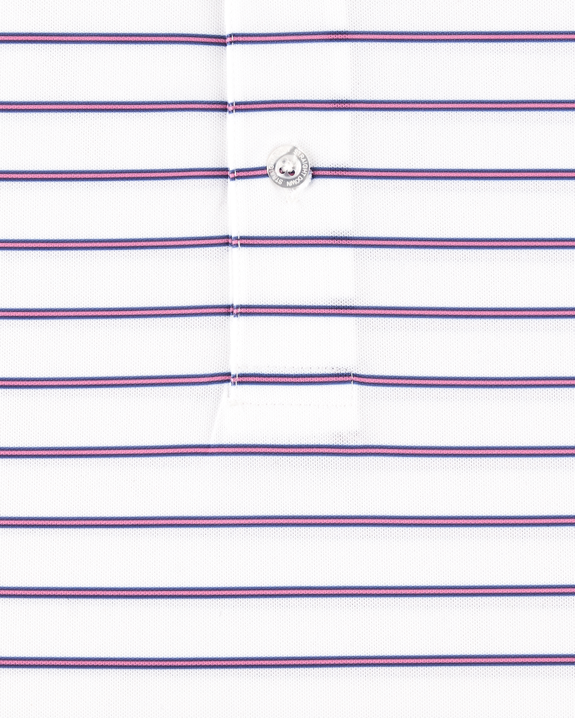 Close-up of the Quintero Stripe Polo in Tidal highlighting the blue and pink horizontal stripe pattern