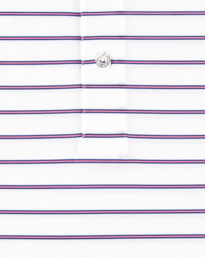 Close-up of the Quintero Stripe Polo in Tidal highlighting the blue and pink horizontal stripe pattern