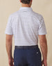 Men's Quintero Stripe Polo in Violet, back model view featuring a white short sleeve polo with horizontal blue and navy pencil stripes with the Straight Down logo at the back collar