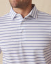 Men's Quintero Stripe Polo in Violet, close-up model view featuring the collar and button placket detail of a white short sleeve polo with horizontal blue and navy pencil stripes