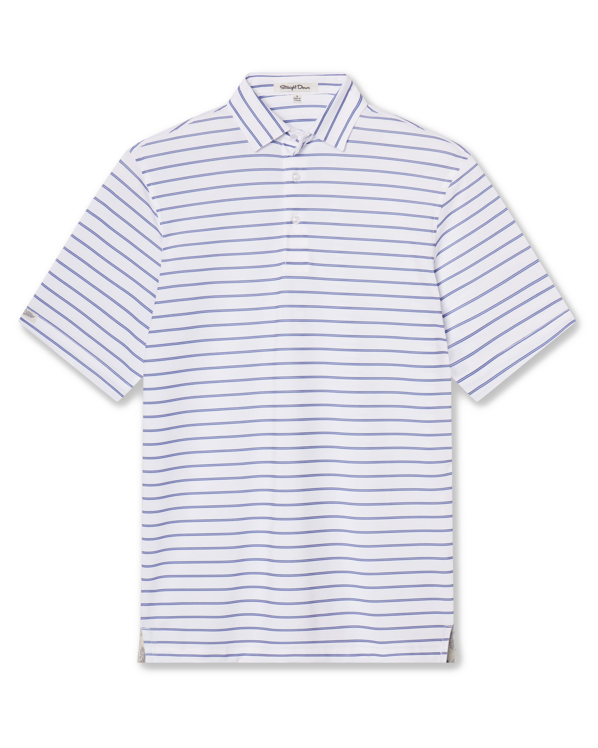 Men's Quintero Stripe Polo in Violet, flat lay front view featuring a white short sleeve polo with horizontal blue and navy pencil stripes