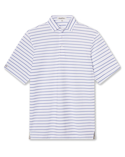 Men's Quintero Stripe Polo in Violet, flat lay front view featuring a white short sleeve polo with horizontal blue and navy pencil stripes
