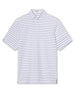 Men's Quintero Stripe Polo in Violet, flat lay front view featuring a white short sleeve polo with horizontal blue and navy pencil stripes