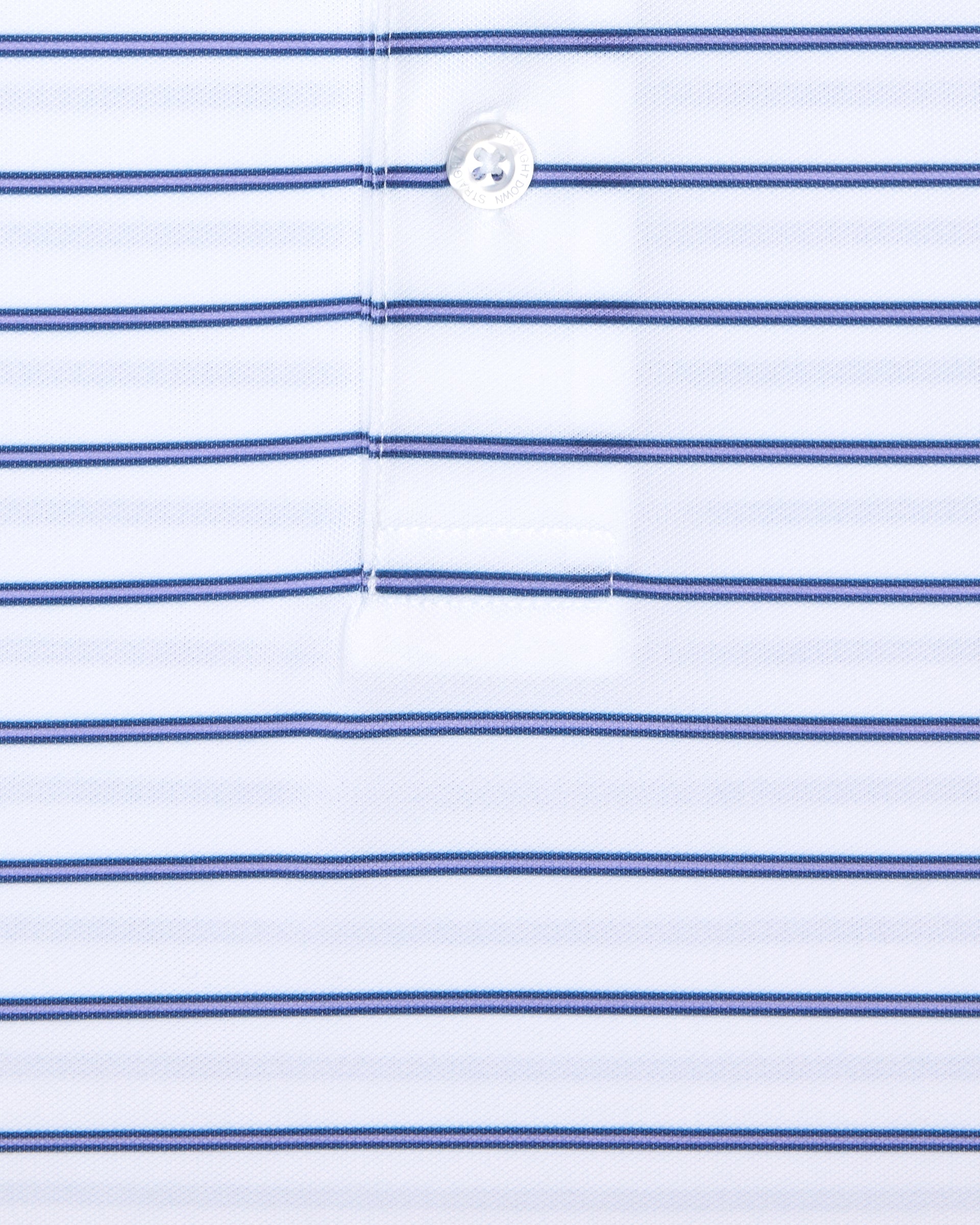 Men's Quintero Stripe Polo in Violet, close-up flat lay view featuring a white fabric with horizontal blue and navy pencil stripes with a visible button placket detail