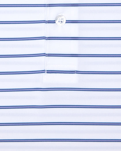 Men's Quintero Stripe Polo in Violet, close-up flat lay view featuring a white fabric with horizontal blue and navy pencil stripes with a visible button placket detail