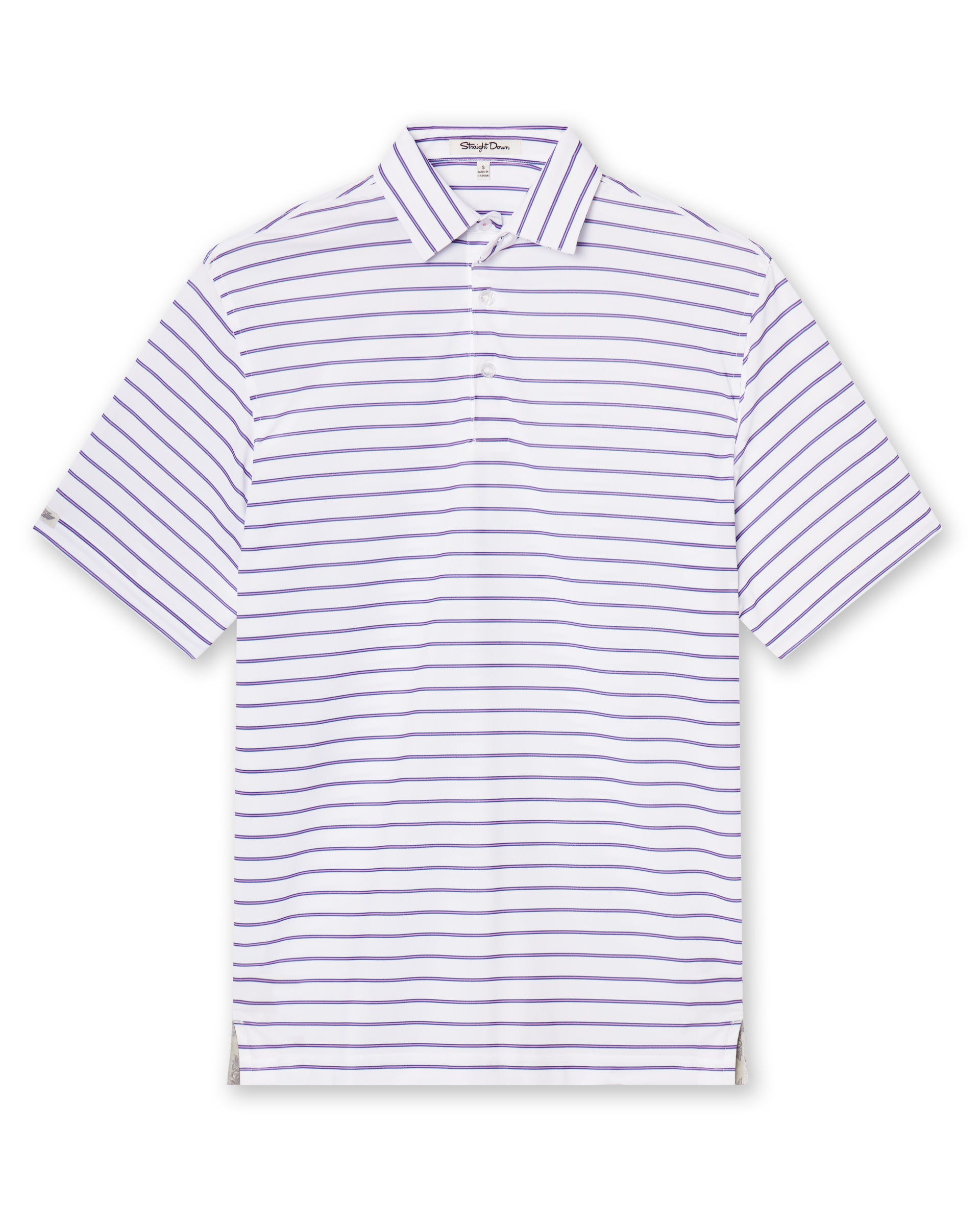 Quintero Stripe Polo in Haze, flat lay front view featuring a white polo with fine purple horizontal stripes and a spread collar