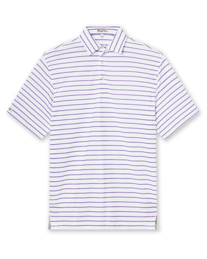 Quintero Stripe Polo in Haze, flat lay front view featuring a white polo with fine purple horizontal stripes and a spread collar