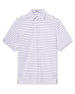 Quintero Stripe Polo in Haze, flat lay front view featuring a white polo with fine purple horizontal stripes and a spread collar