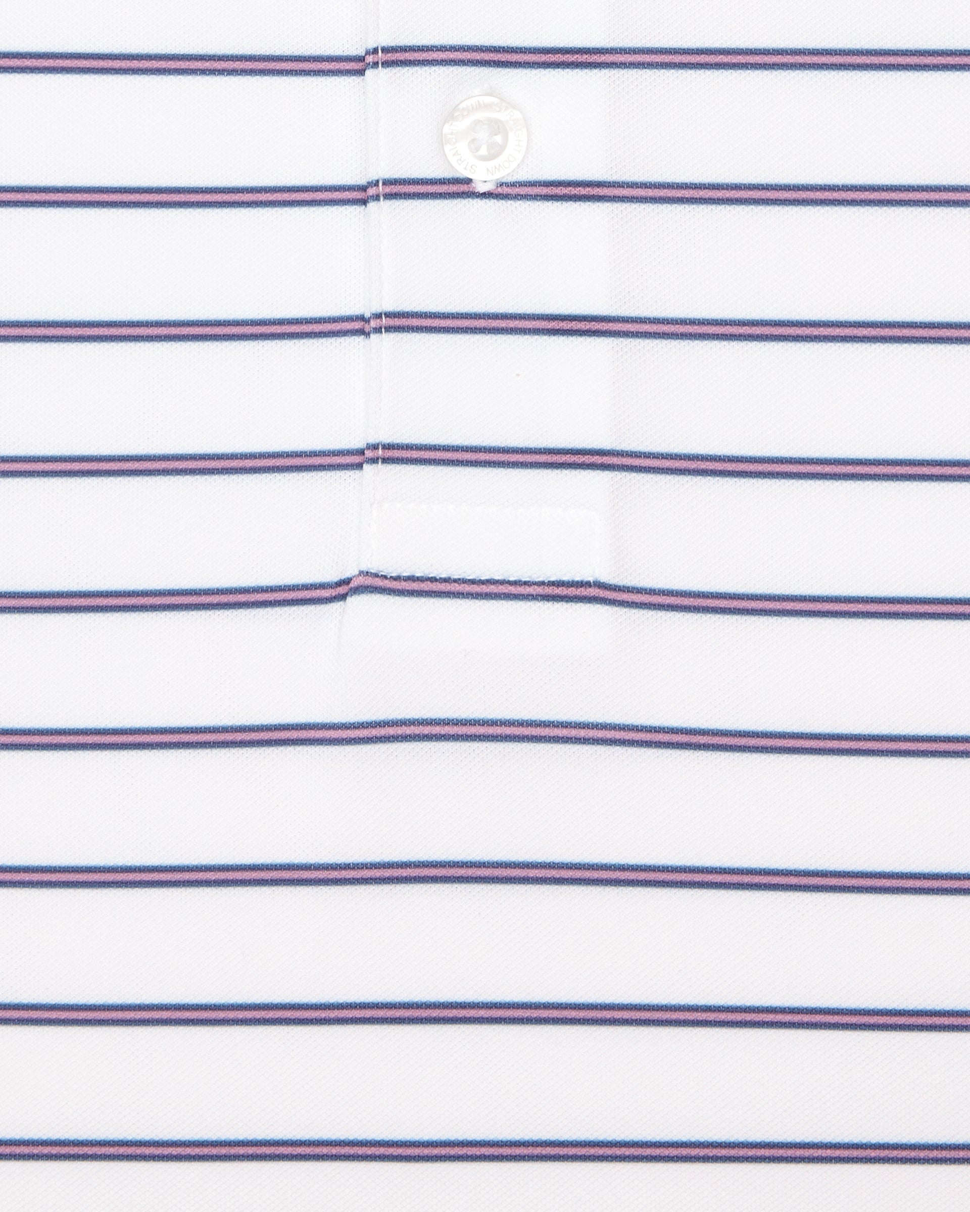 Quintero Stripe Polo in Haze, close-up front view highlighting the fine purple and pink horizontal stripe pattern detail on a white fabric ground