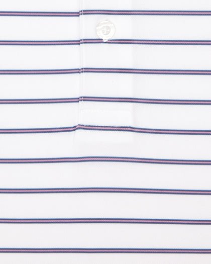 Quintero Stripe Polo in Haze, close-up front view highlighting the fine purple and pink horizontal stripe pattern detail on a white fabric ground
