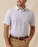Men’s white polo with thin purple stripe pattern, styled with tan pants and brown belt