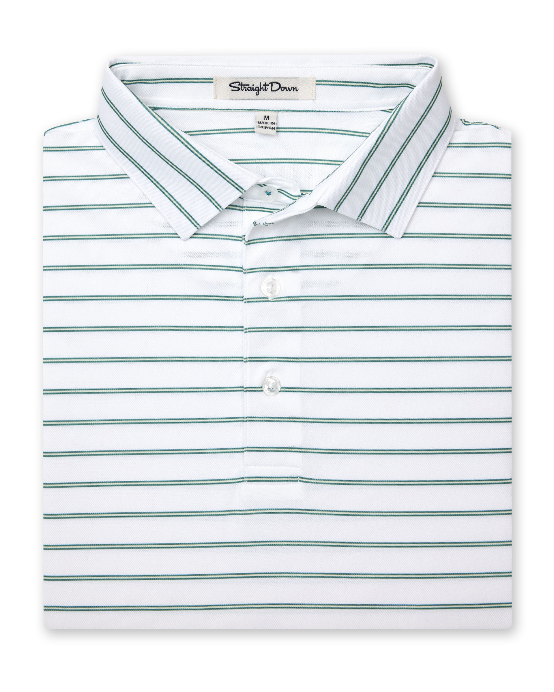 Folded white polo shirt with thin green horizontal stripes and a crisp collar, neck label reads Straight Down