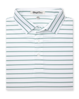 Folded white polo shirt with thin green horizontal stripes and a crisp collar, neck label reads Straight Down