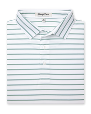 Folded white polo shirt with thin green horizontal stripes and a crisp collar, neck label reads Straight Down