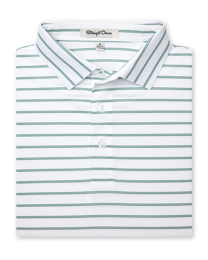Folded white polo shirt with thin green horizontal stripes and a crisp collar, neck label reads Straight Down