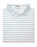 Folded white polo shirt with thin green horizontal stripes and a crisp collar, neck label reads Straight Down