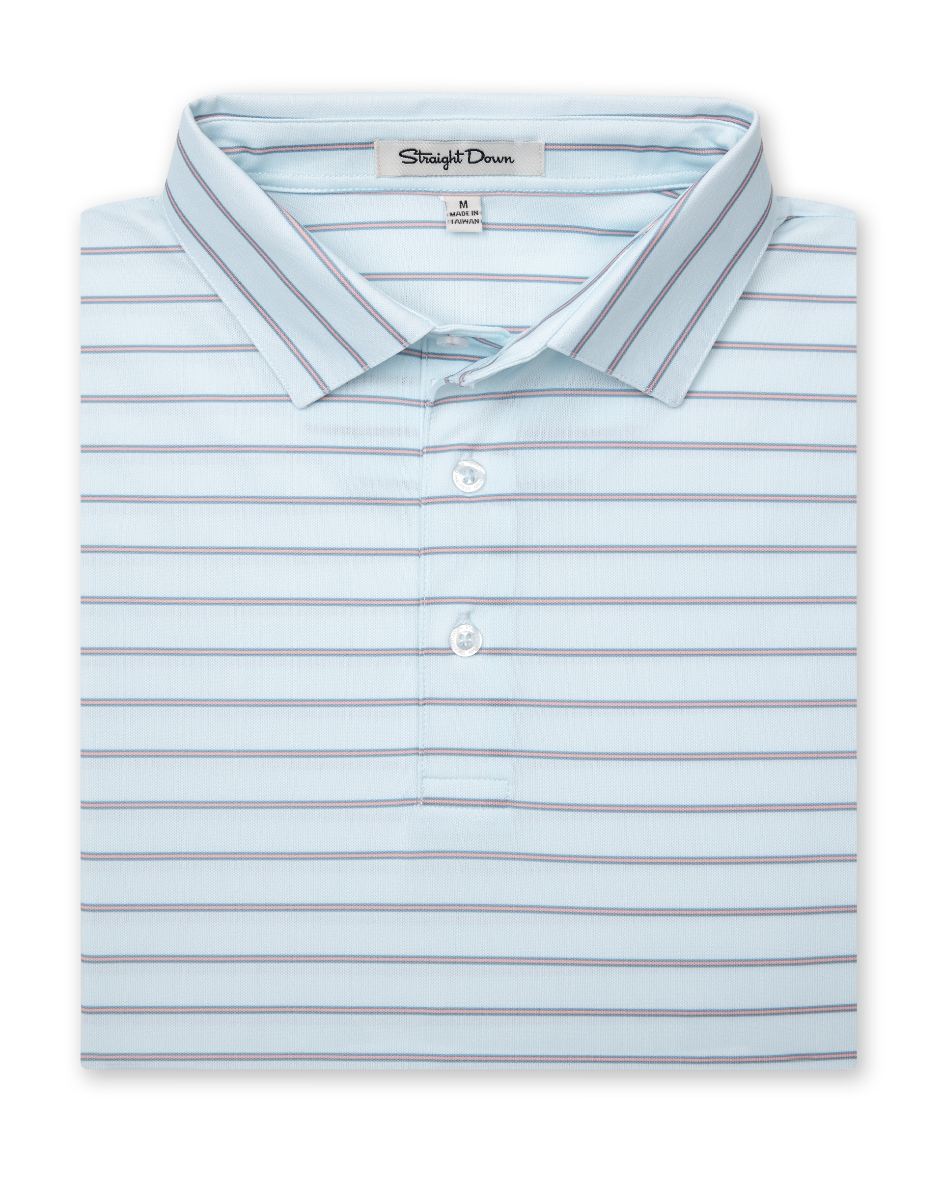 Folded light blue polo with orange and blue horizontal stripes and button-down collar