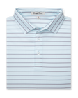 Folded light blue polo with orange and blue horizontal stripes and button-down collar