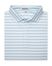 Folded light blue polo with orange and blue horizontal stripes and button-down collar