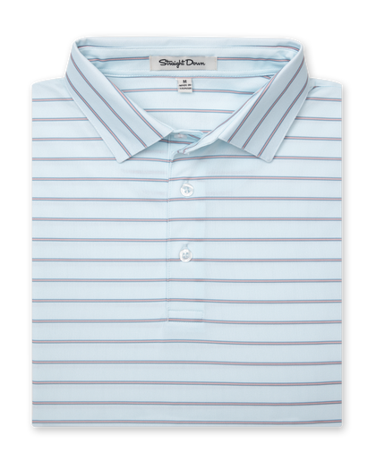 Folded light blue polo with orange and blue horizontal stripes and button-down collar