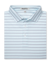 Folded light blue polo with orange and blue horizontal stripes and button-down collar