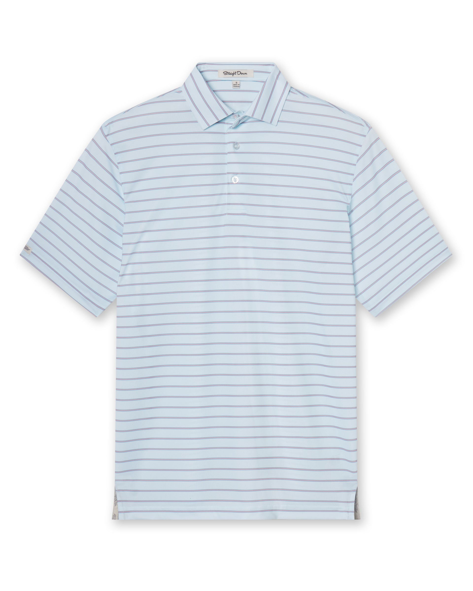 Men's Quintero Stripe Polo in Sea Spray, flat lay front view featuring a light blue short sleeve polo with horizontal pink and steel blue pencil stripes