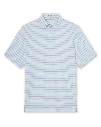 Men's Quintero Stripe Polo in Sea Spray, flat lay front view featuring a light blue short sleeve polo with horizontal pink and steel blue pencil stripes