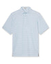 Men's Quintero Stripe Polo in Sea Spray, flat lay front view featuring a light blue short sleeve polo with horizontal pink and steel blue pencil stripes