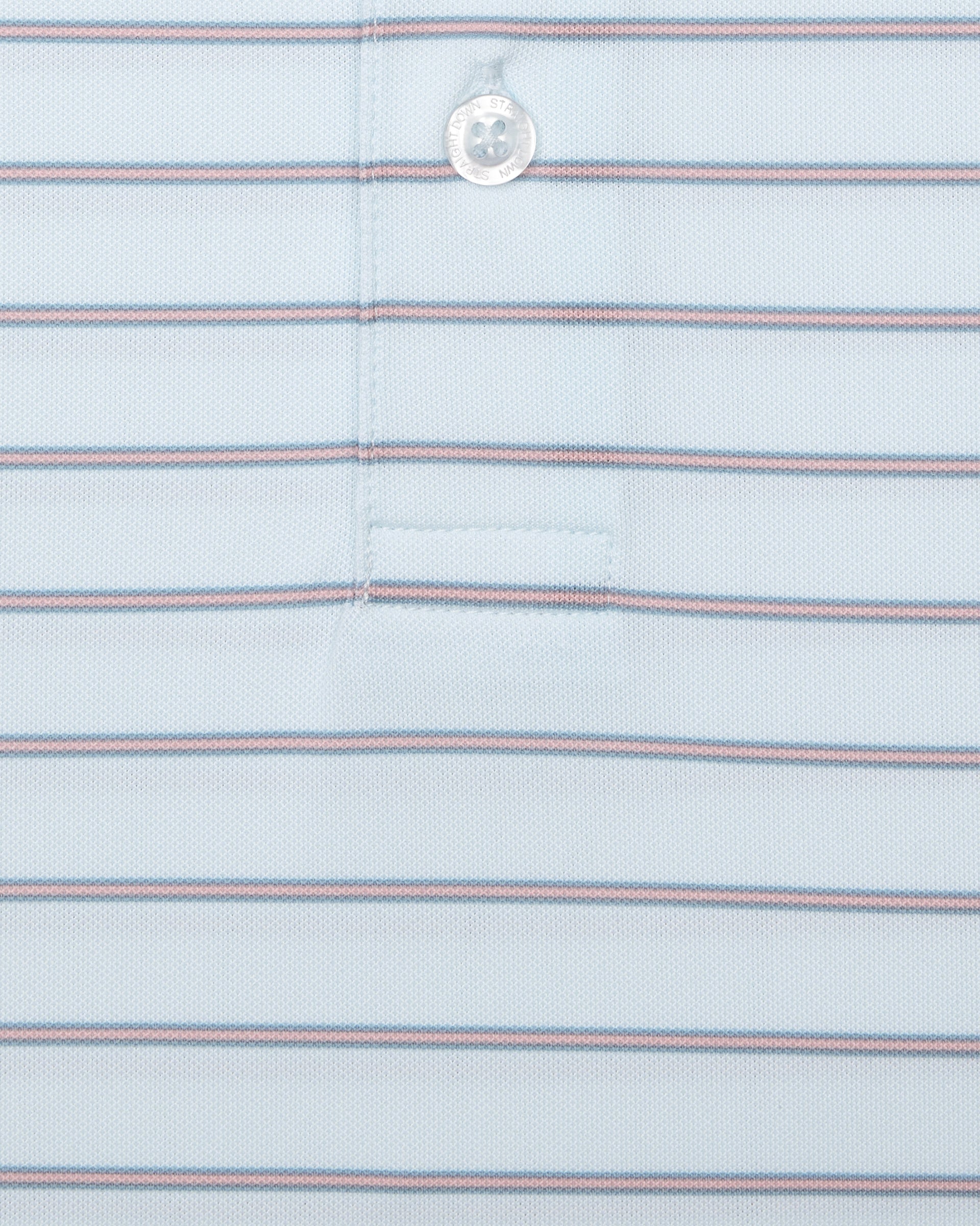 Men's Quintero Stripe Polo in Sea Spray, close-up flat lay view featuring a light blue fabric with horizontal pink and steel blue pencil stripes with a visible button placket detail