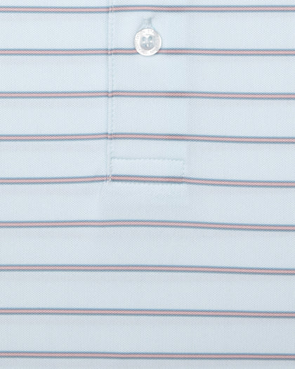 Men's Quintero Stripe Polo in Sea Spray, close-up flat lay view featuring a light blue fabric with horizontal pink and steel blue pencil stripes with a visible button placket detail
