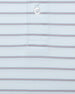 Men's Quintero Stripe Polo in Sea Spray, close-up flat lay view featuring a light blue fabric with horizontal pink and steel blue pencil stripes with a visible button placket detail